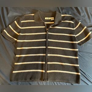 Vintage Y2K Paul Harris Design Navy & Cream Stripe Zip-Up Sweater Size Medium